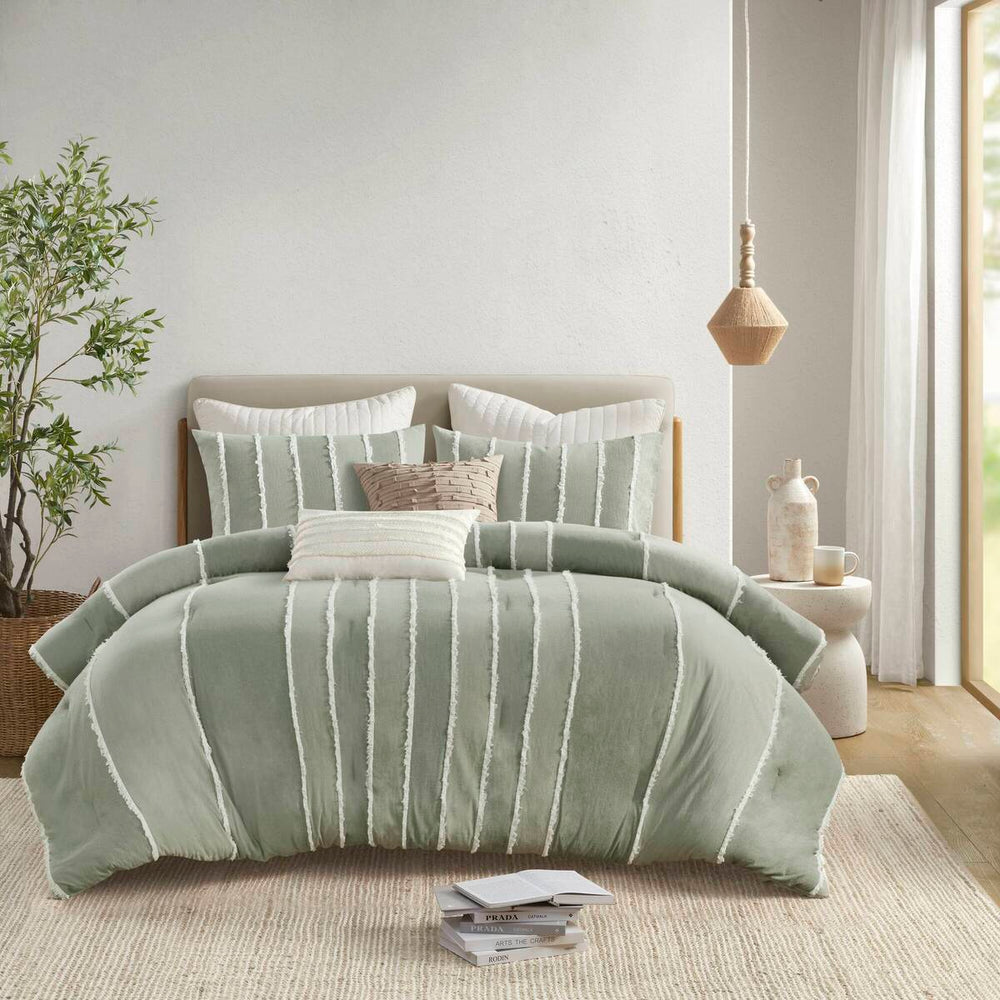 3 Piece Striped Cotton Comforter Set Sage King/Cal King Media 2