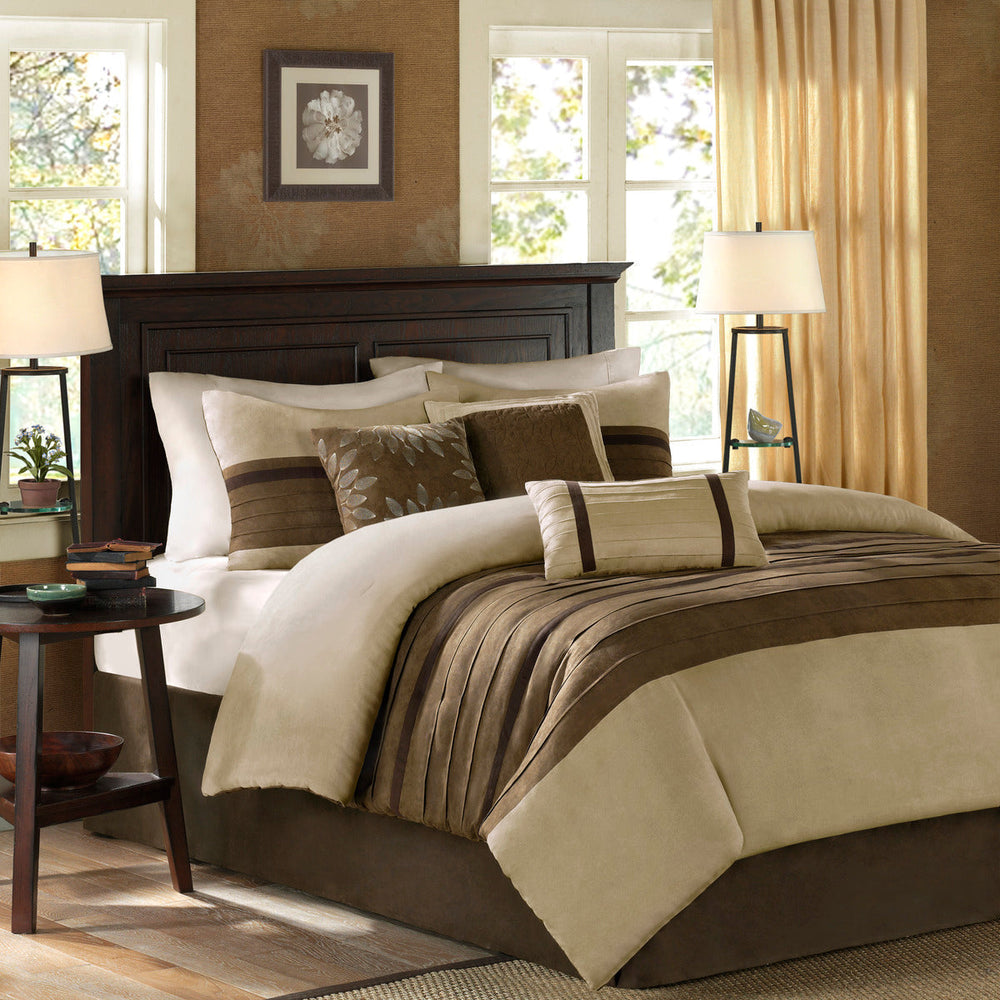 7 PC Pieced Faux Suede Comforter Set Natural Full Media 1