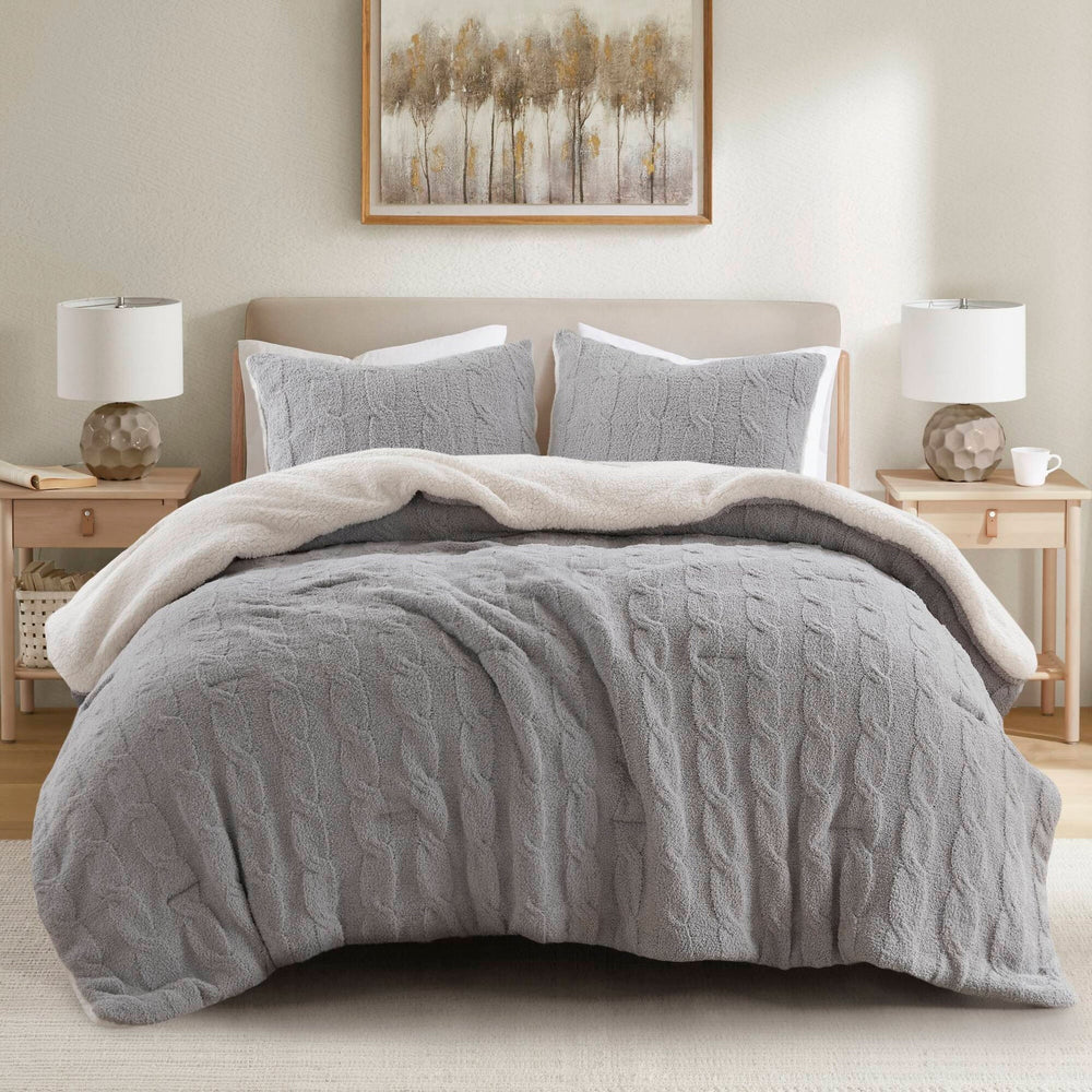 2 Pieces Twin Cable Knit Chenille Comforter Set,Gray Media 1