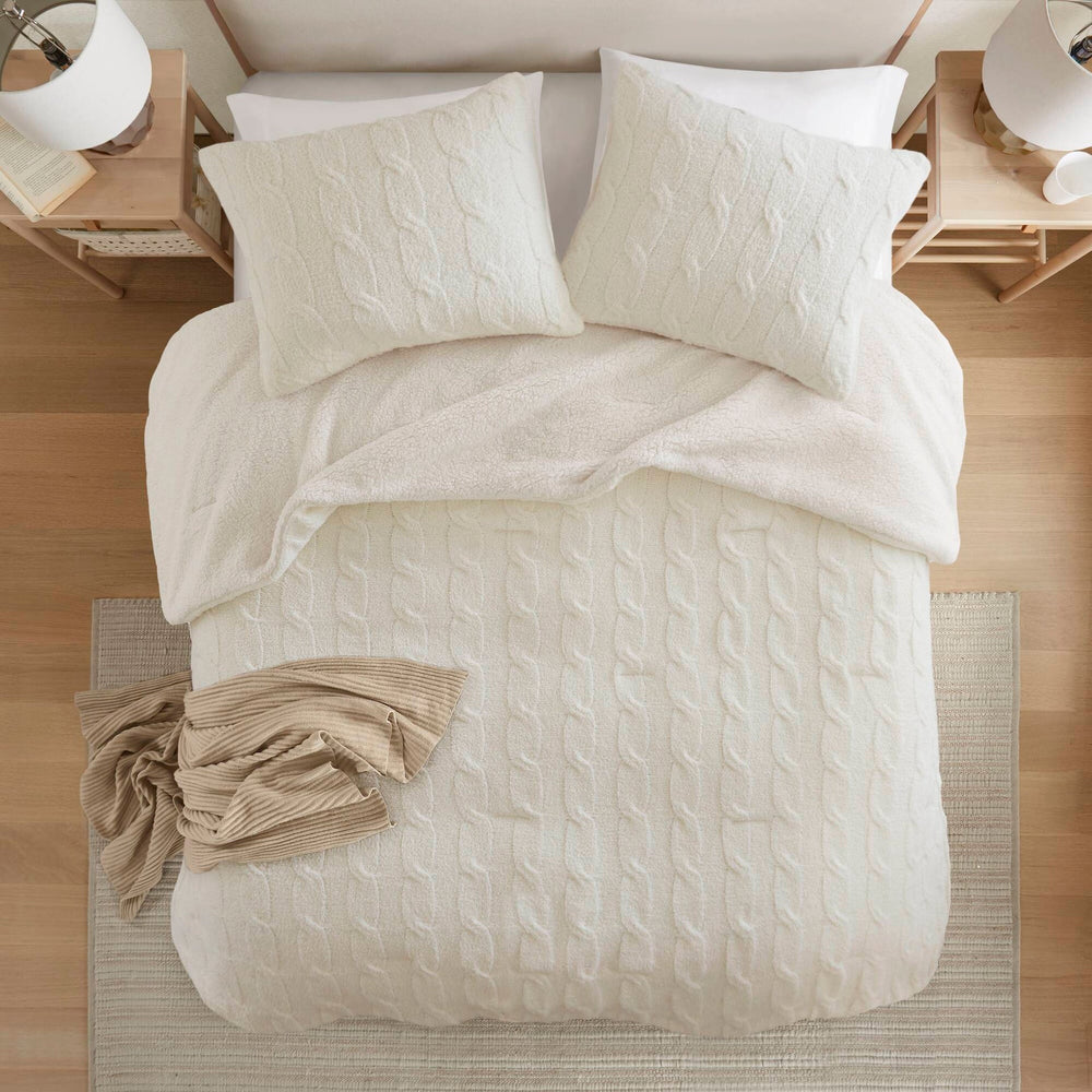 2 Pieces Twin Cable Knit Chenille Comforter Set,Ivory Media 19