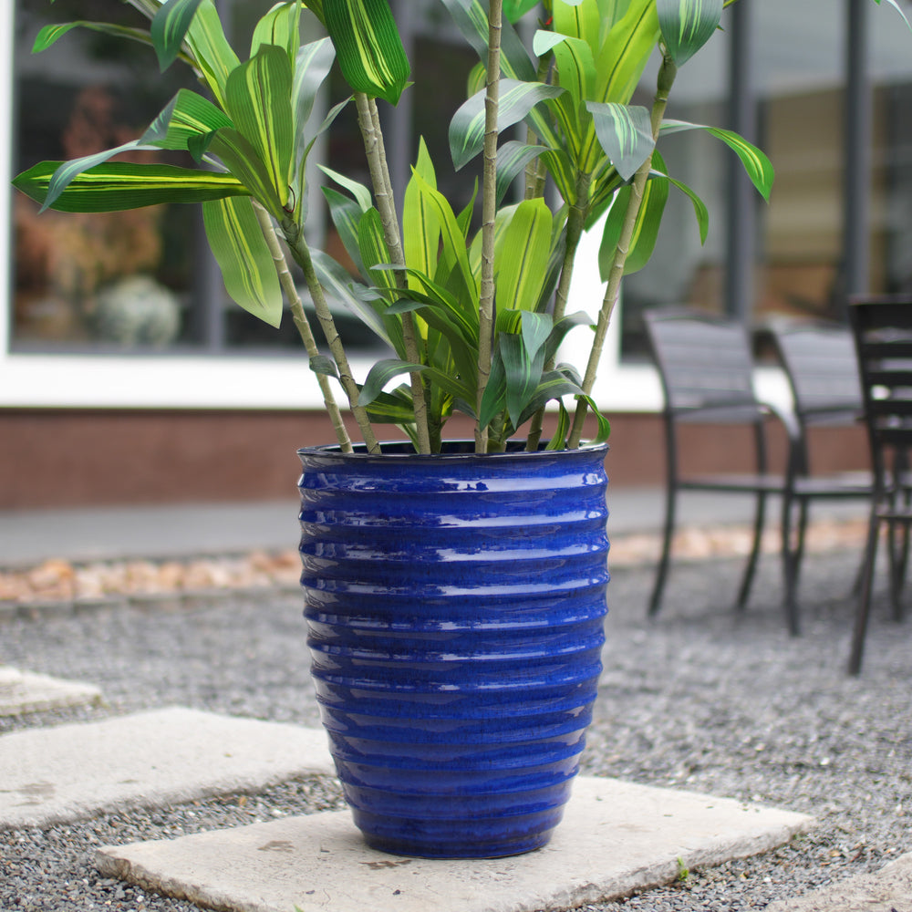 Handmade Sapphire Blue Ceramic Planter, 17 Inch Diameter, 1 Piece, Horizontal Ripples Pattern, for Monstera and Fiddle Leaf Fig, Indoor & Outdoor Doorway Use, Breathable Clay Media 2