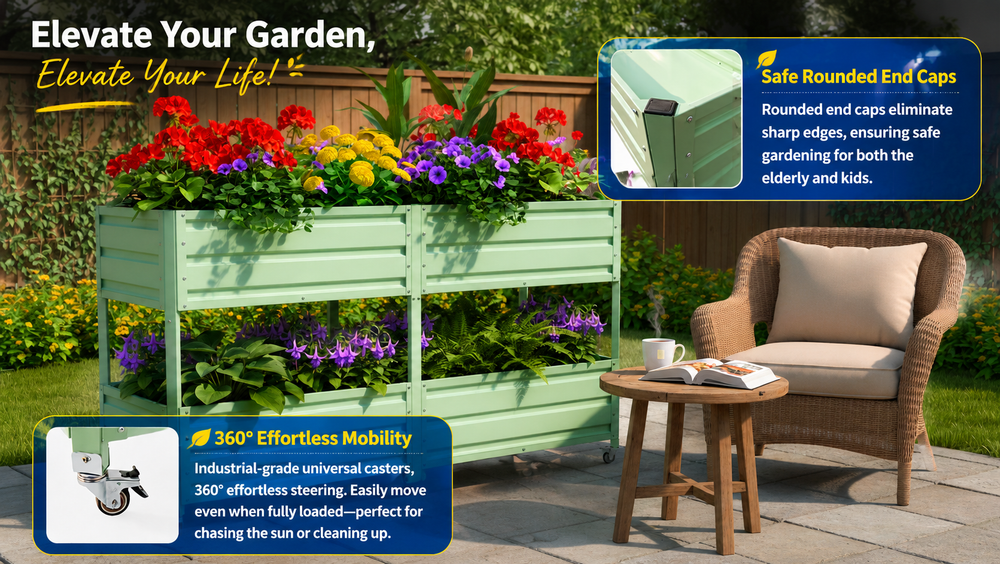 Dual Tier Elevated Metal Raised Garden Bed with Lockable Wheels, Staggered 2-Layer Raised Planter Box for Vegetables Herbs Flowers, Outdoor Patio Backyard Green Planting Bed,Green Media 21