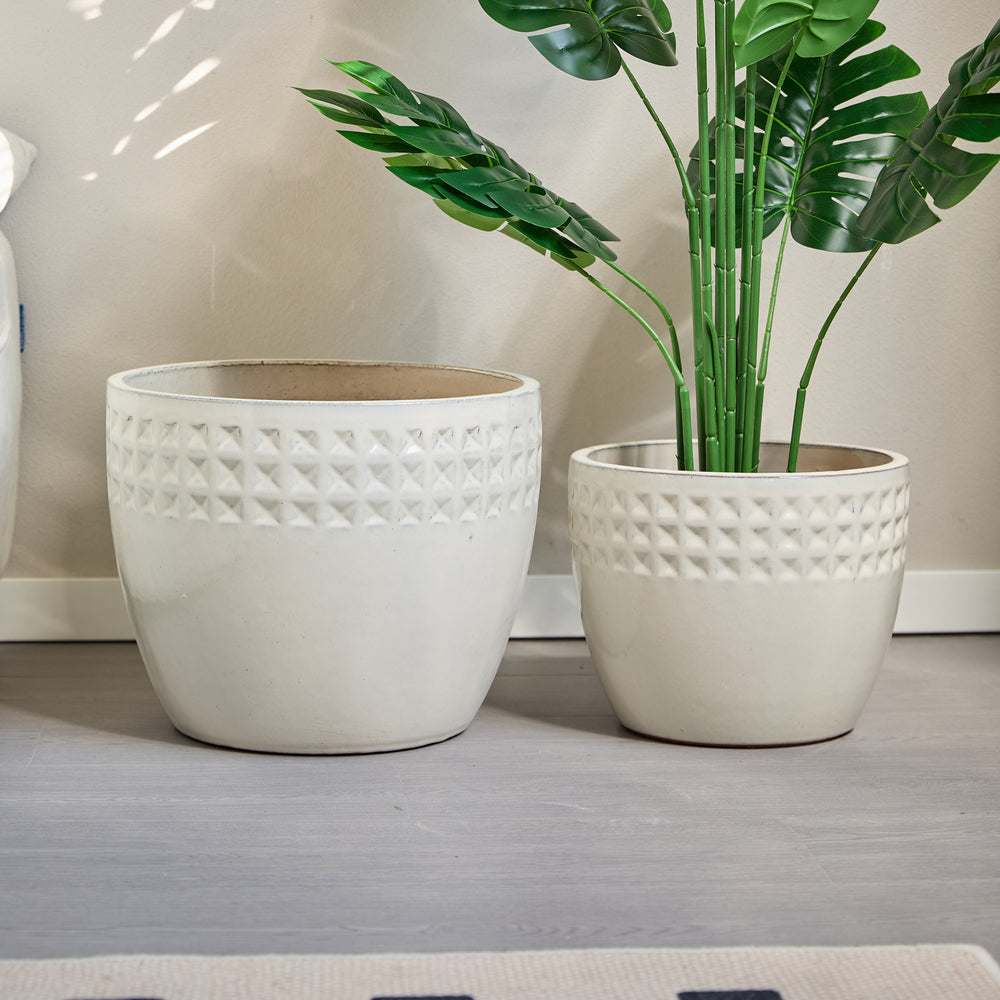 Handmade Ceramic Flower Pot Set of 3, 15/12/9 Inch Diameter, White Diamond Pattern, for Succulents Indoor/Outdoor Use on Windowsill & Bookshelf, Breathable Clay Media 9