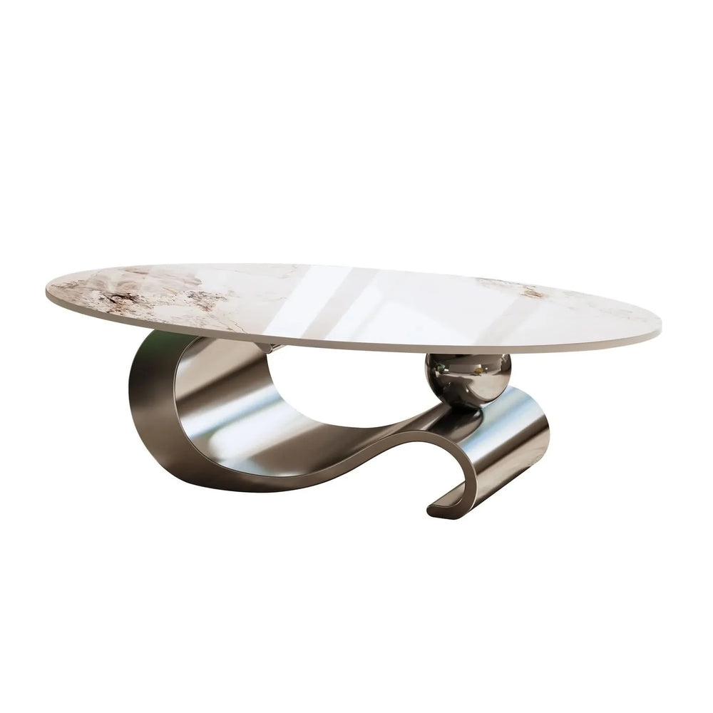 Oval Coffee Table Faux Marble Contemporary Gray Stainless Steel Base Media 11