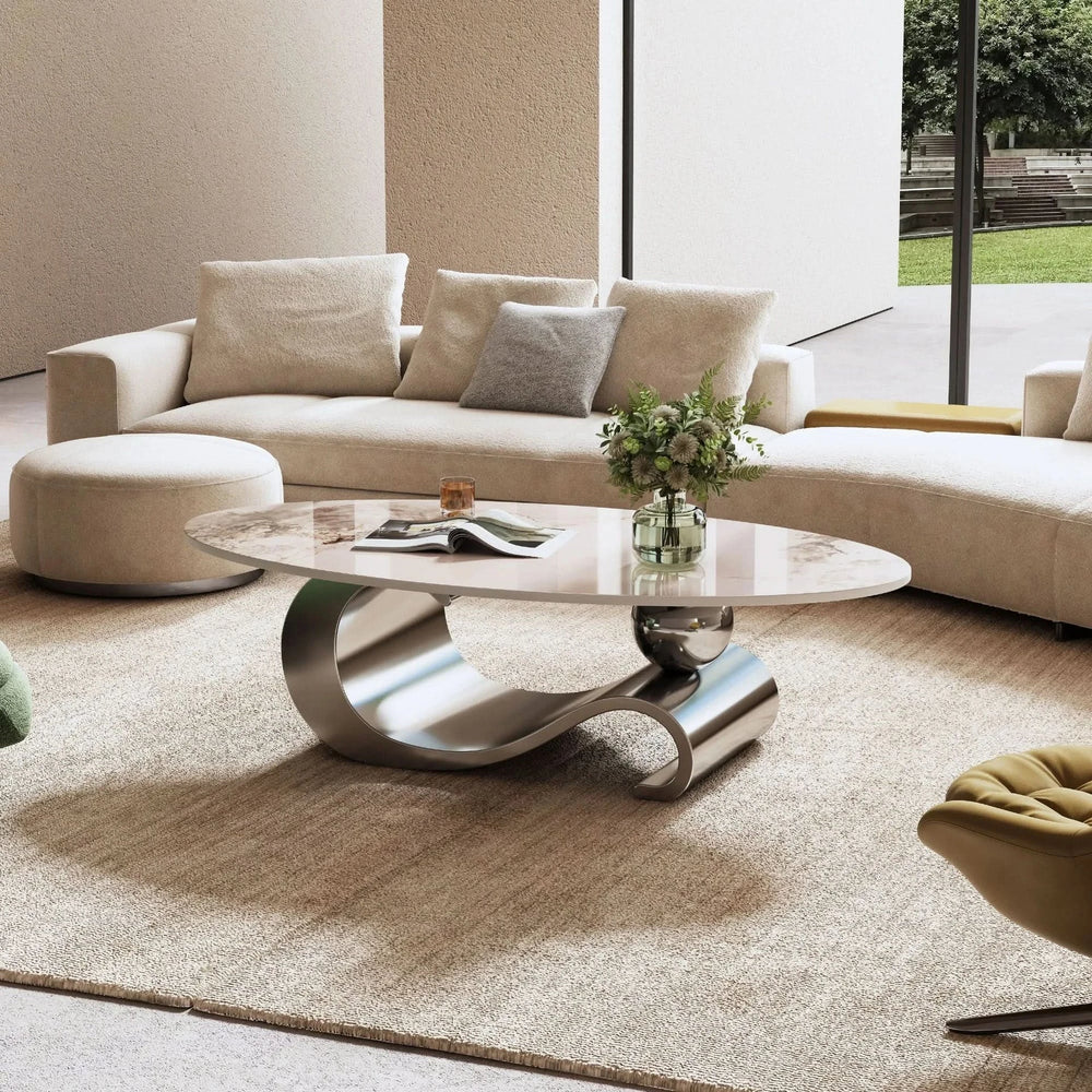Oval Coffee Table Faux Marble Contemporary Gray Stainless Steel Base Media 4