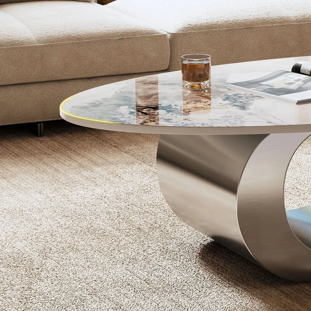 Oval Coffee Table Faux Marble Contemporary Gray Stainless Steel Base Media 10