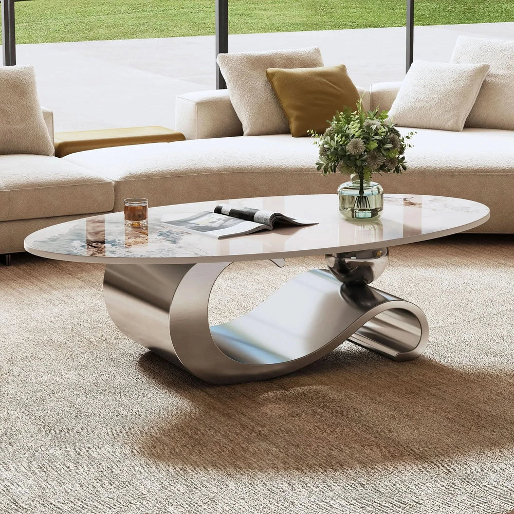 Oval Coffee Table Faux Marble Contemporary Gray Stainless Steel Base Media 2
