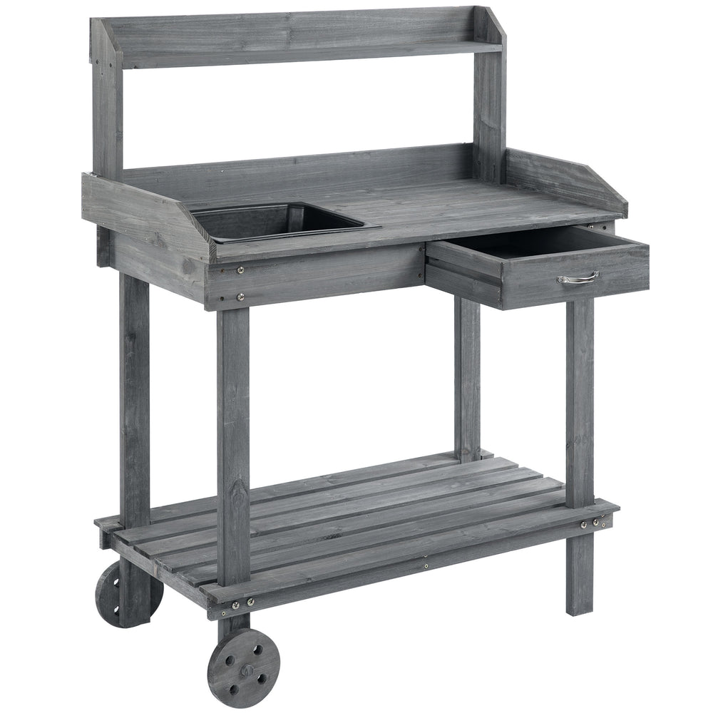 Outsunny 36'' Wooden Potting Bench Work Table with 2 Removable Wheels, Sink, Drawer & Large Storage Spaces, Gray Media 1