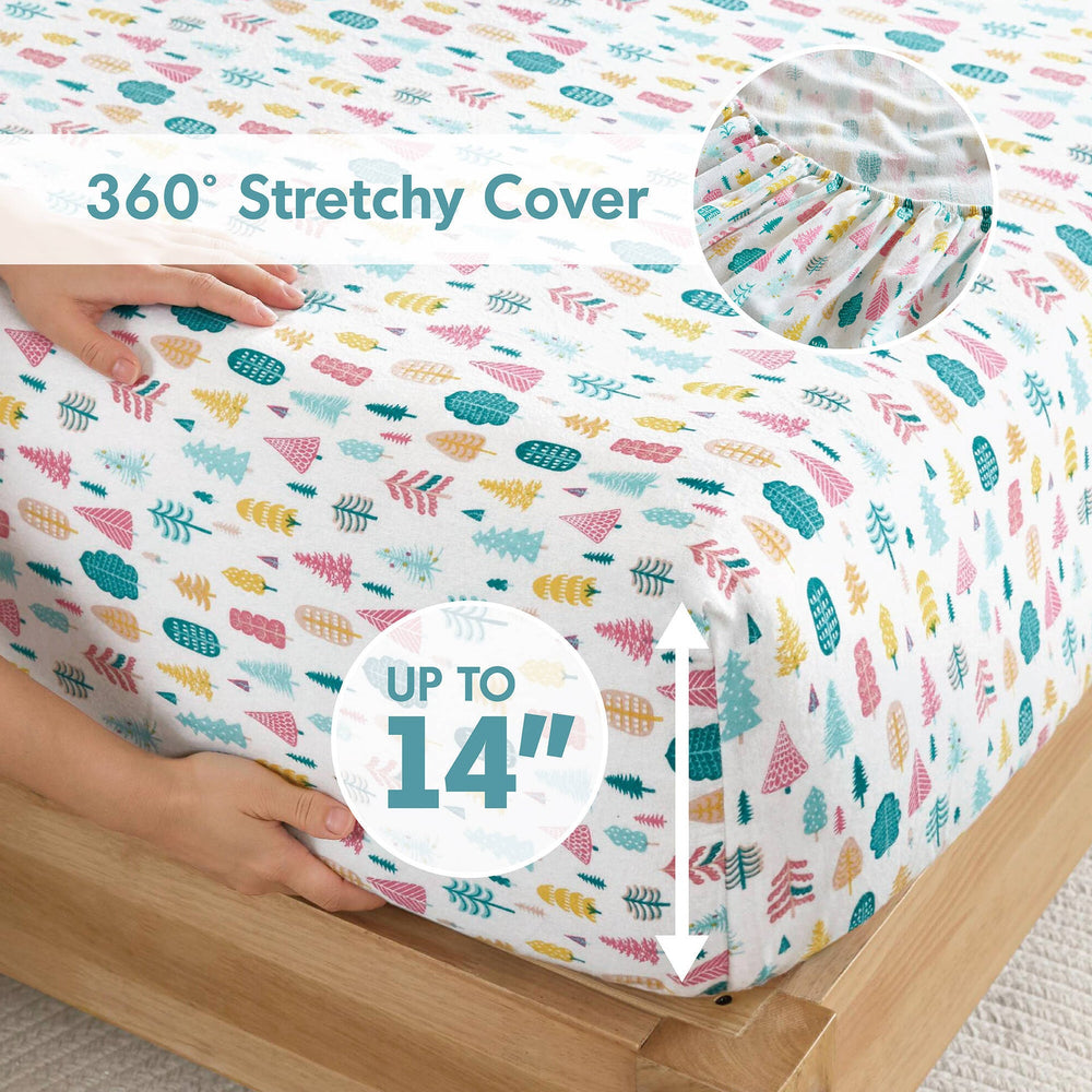 3 PCS Twin XL Cotton Printed Sheet Set White Holiday Trees Media 3