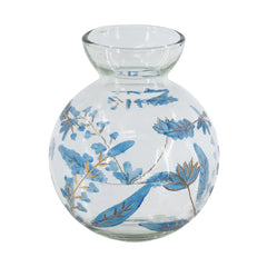 Round Clear Glass Vase with Blue and Gold Botanical Motifs perspective