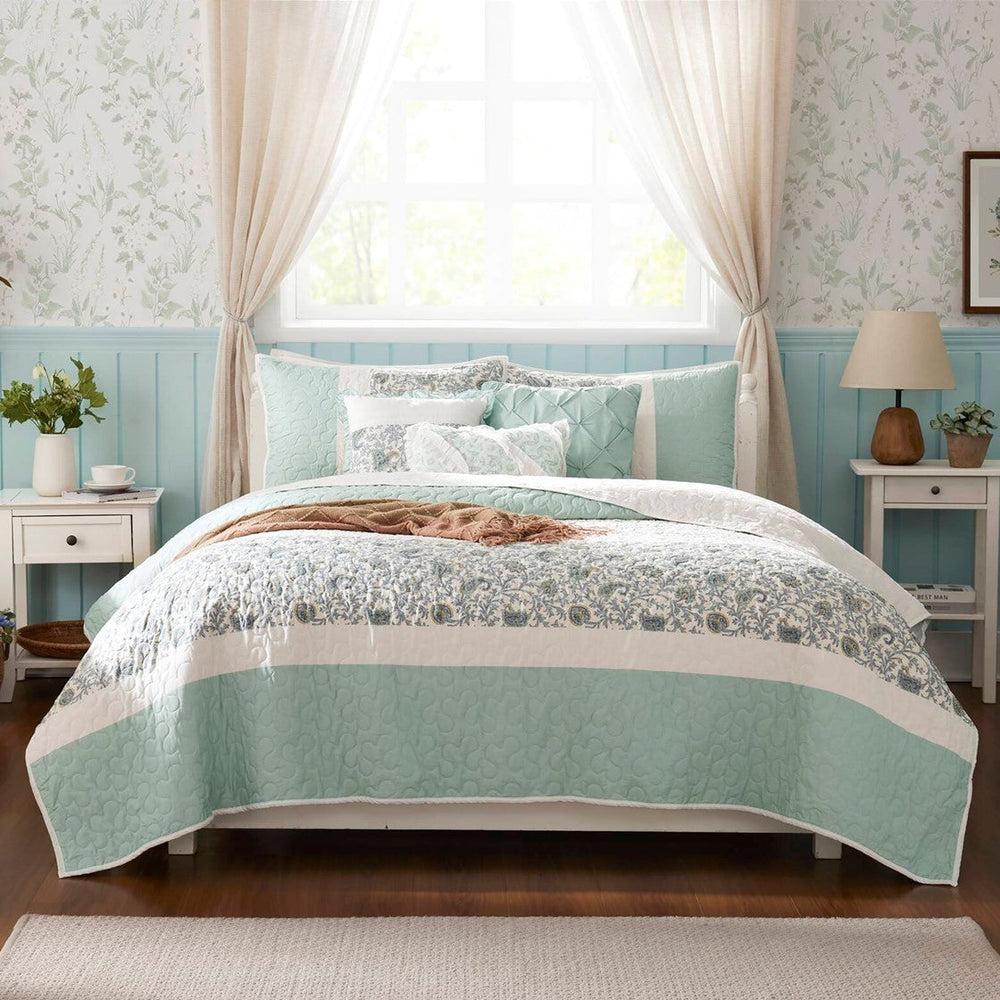6 Piece Cotton Percale Quilt Set with Throw Pillows Aqua King/Cal King Media 15