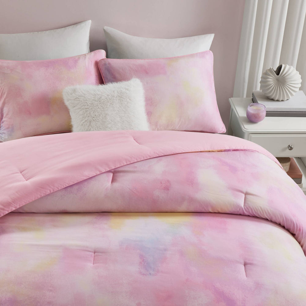 4 Pieces Full/Queen Watercolor Tie Dye Printed Comforter Set with Throw Pillow,Pink Media 21