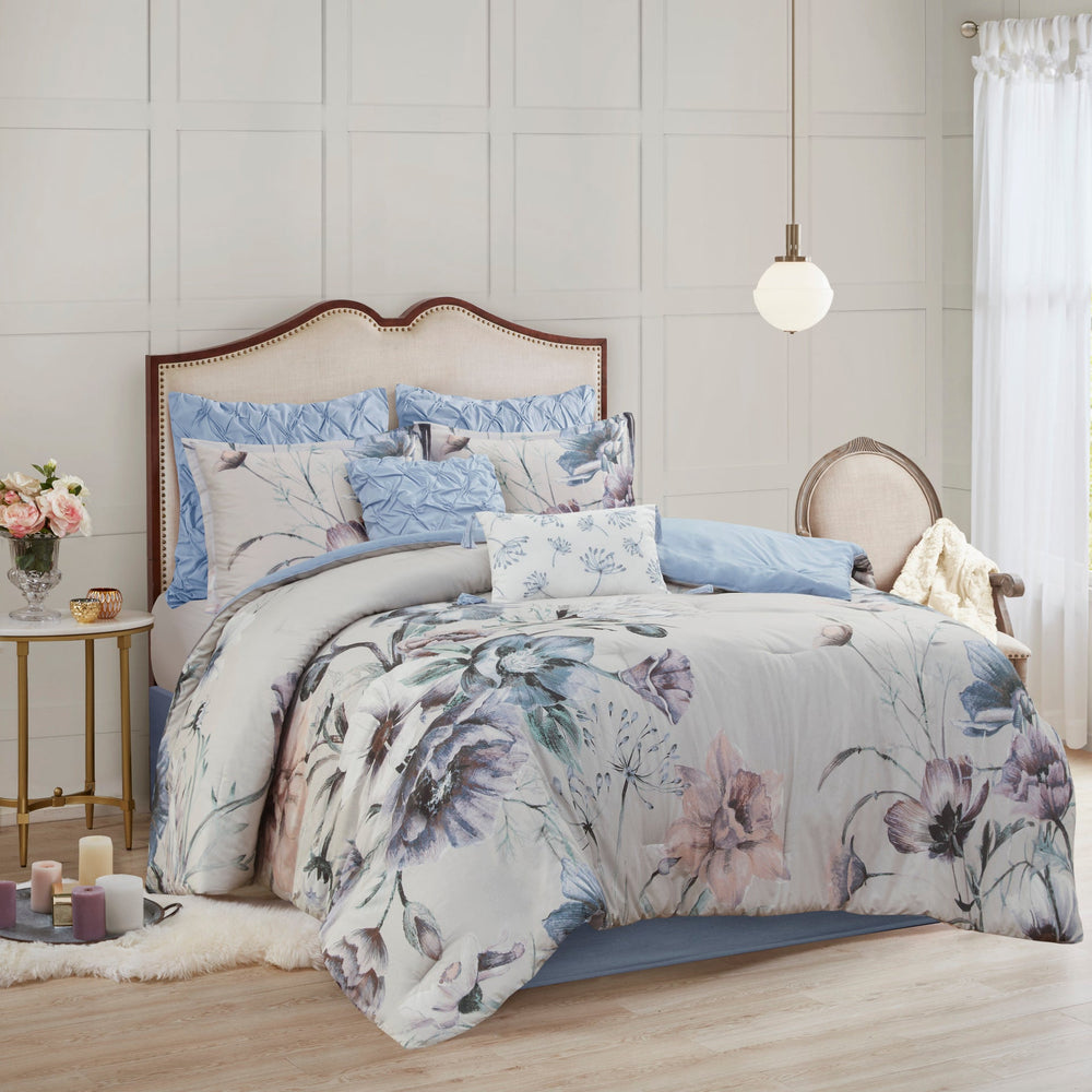 8 Piece Cotton Printed Comforter Set Blue Queen Media 1