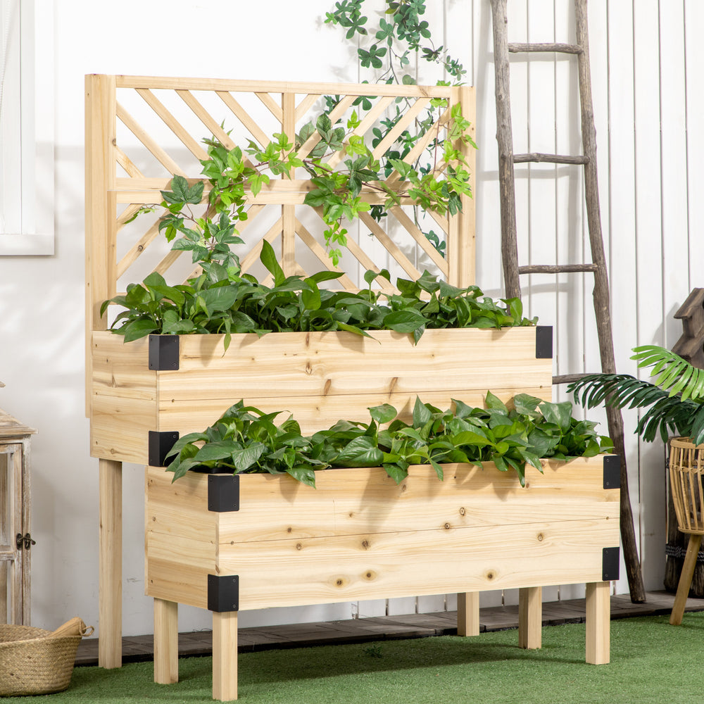 Outsunny Raised Garden Bed with Trellis, 2 Tier Wooden Elevated Planter Box with Legs and Metal Corners for Vegetables, Flowers, Herbs, Natural Media 9