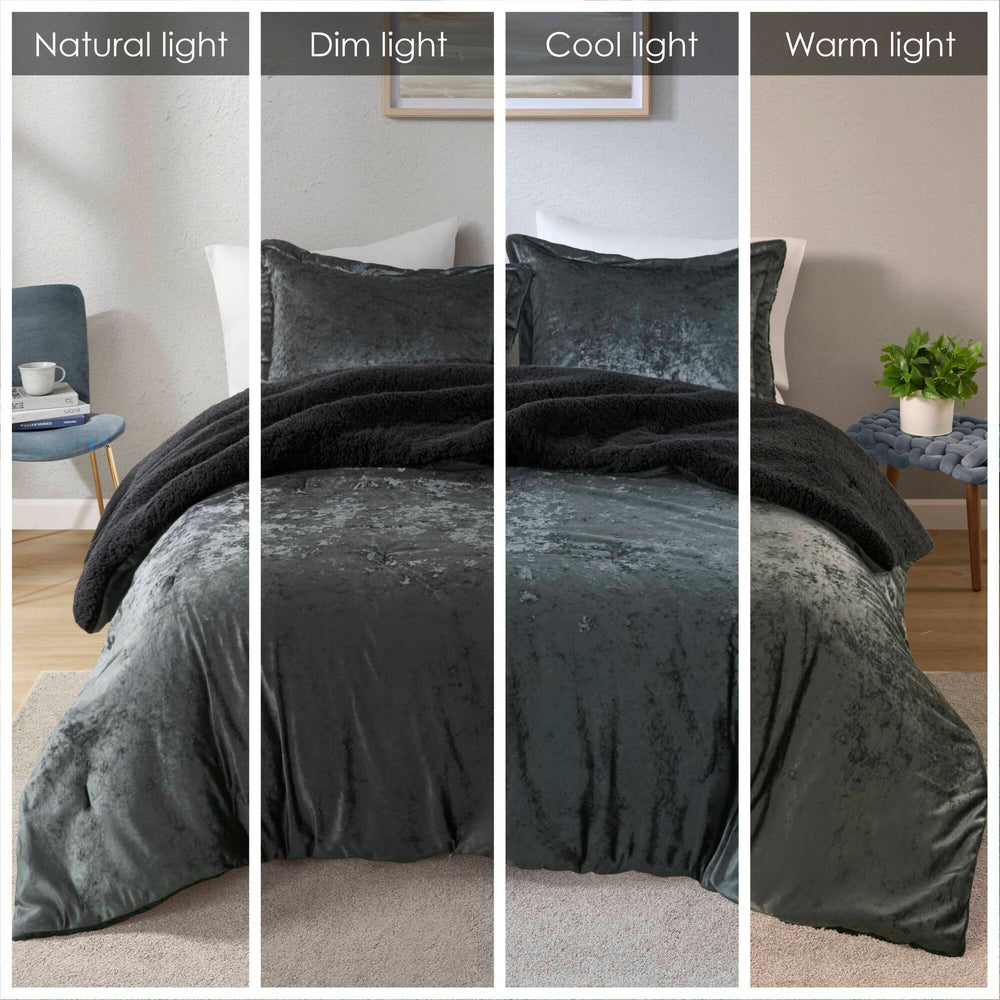 3 PCS Full/Queen Crushed Velvet   Reversible Comforter Set Charcoal Media 9