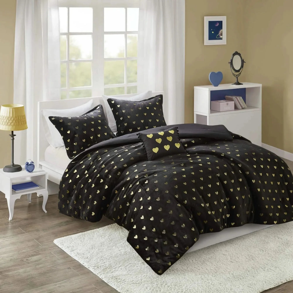 Plush Comforter Set & Black Gold Heart Print Full Queen Bedding 4 Piece with Throw Pillow Media 1