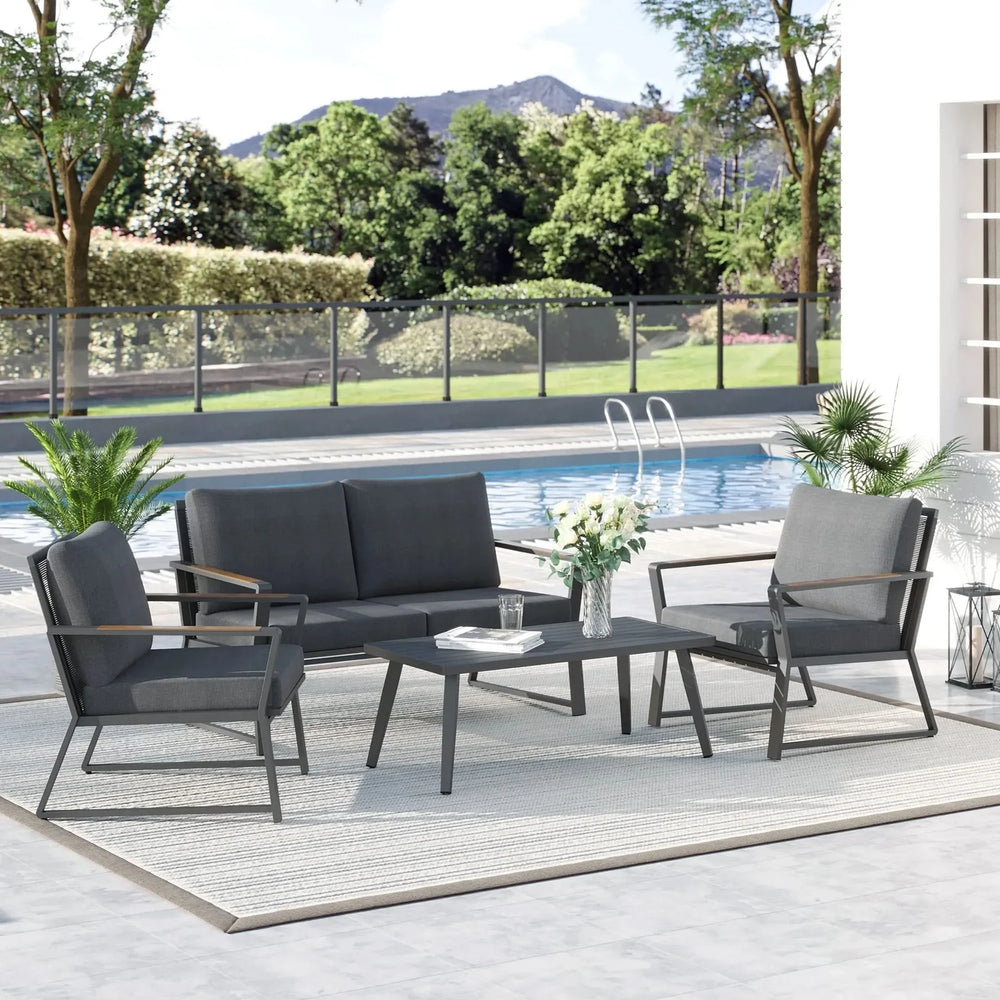 4 Piece Patio Furniture Set, Aluminum Conversation Set, Outdoor Garden Sofa Set with Armchairs, Loveseat, Center Coffee Table and Cushions, Dark Grey - DTY Store