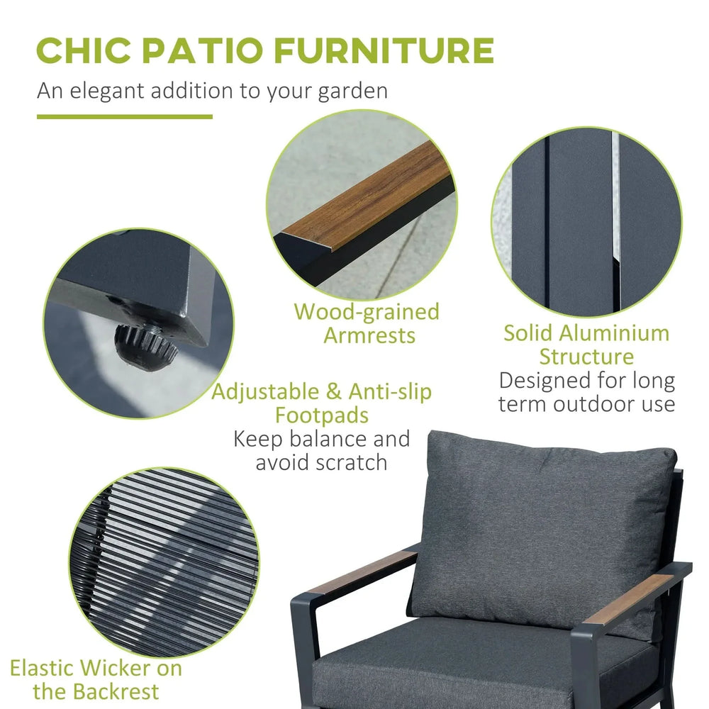 4 Piece Patio Furniture Set, Aluminum Conversation Set, Outdoor Garden Sofa Set with Armchairs, Loveseat, Center Coffee Table and Cushions, Dark Grey - DTY Store