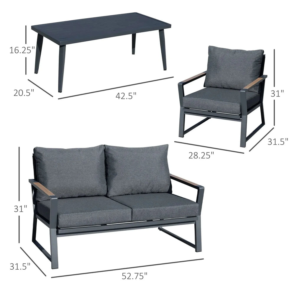 4 Piece Patio Furniture Set, Aluminum Conversation Set, Outdoor Garden Sofa Set with Armchairs, Loveseat, Center Coffee Table and Cushions, Dark Grey - DTY Store