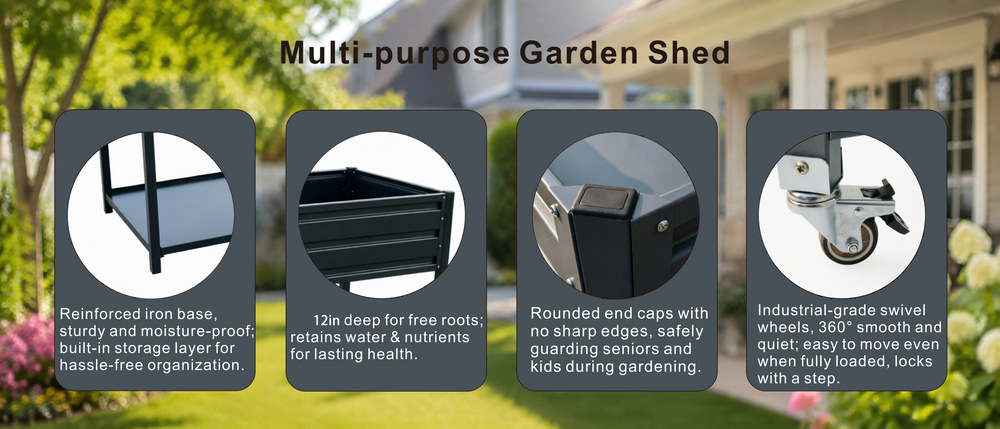 Dual Tier Elevated Metal Raised Garden Bed with Lockable Wheels & Lower Storage Shelf, Dark Gray Staggered Raised Planter Box for Vegetables Herbs Flowers, Outdoor Patio Backyard Raised Planting Bed Media 16