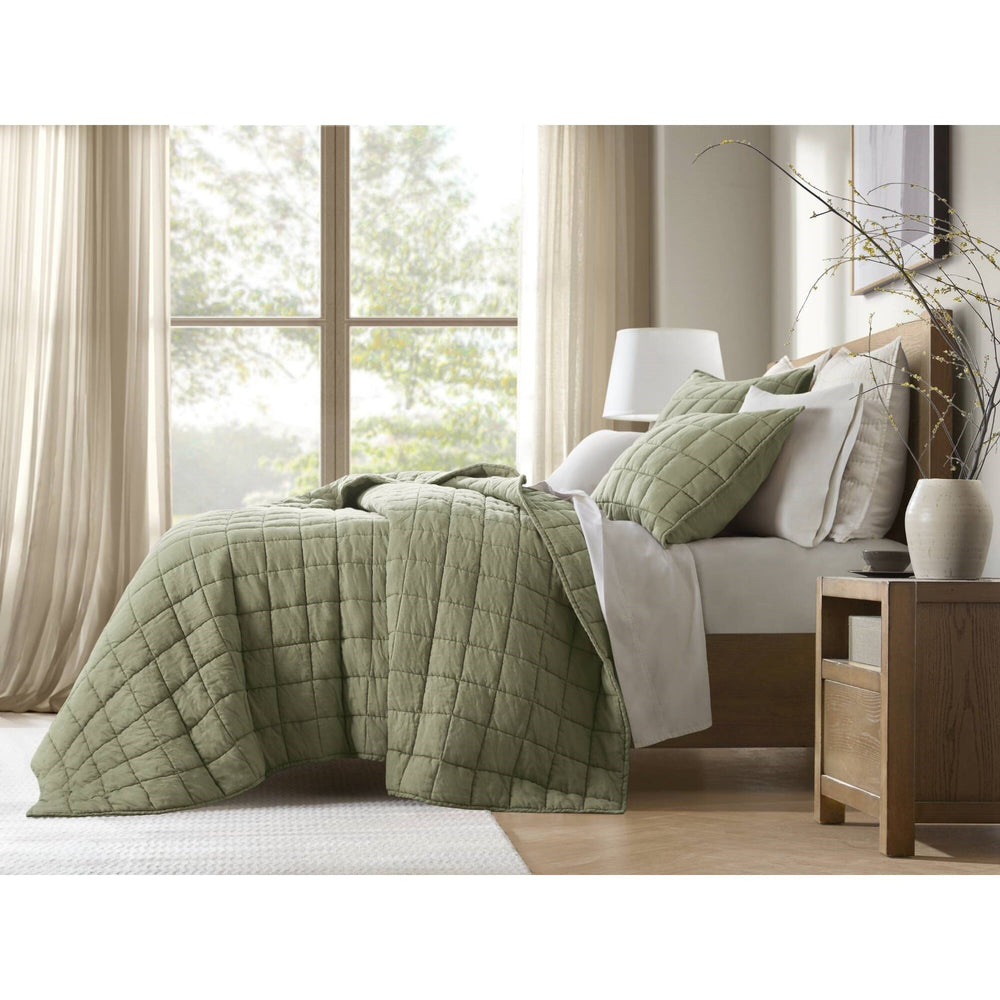 3-Piece Full/Queen Linen Garment Washed Quilt Set,Olive Green Media 5