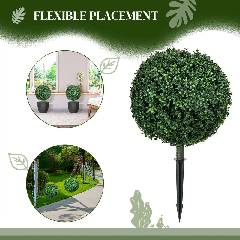 HOMCOM 1.3' (15.7') Artificial Boxwood Topiary Trees with Ground Stake, UV Resistant Set of 2 Ball Shaped Trees, Indoor Outdoor Fake Plants for Home Office & Living Room Décor