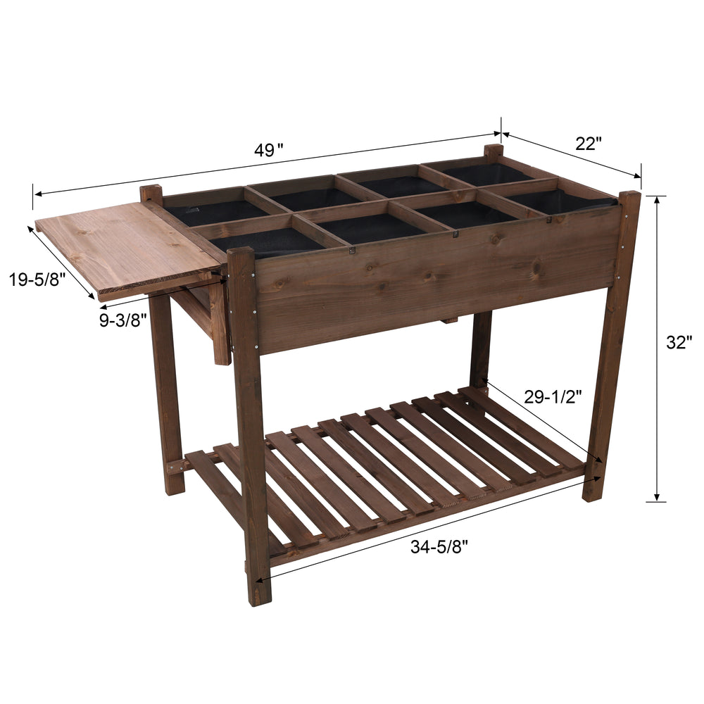 8 Pockets Horticulture Raised Garden Bed Elevated Wood Planter Box Stand with Foldable Side Table and Storage Shelf for Herb/Vegetables/Flowers, dark brown color Media 11