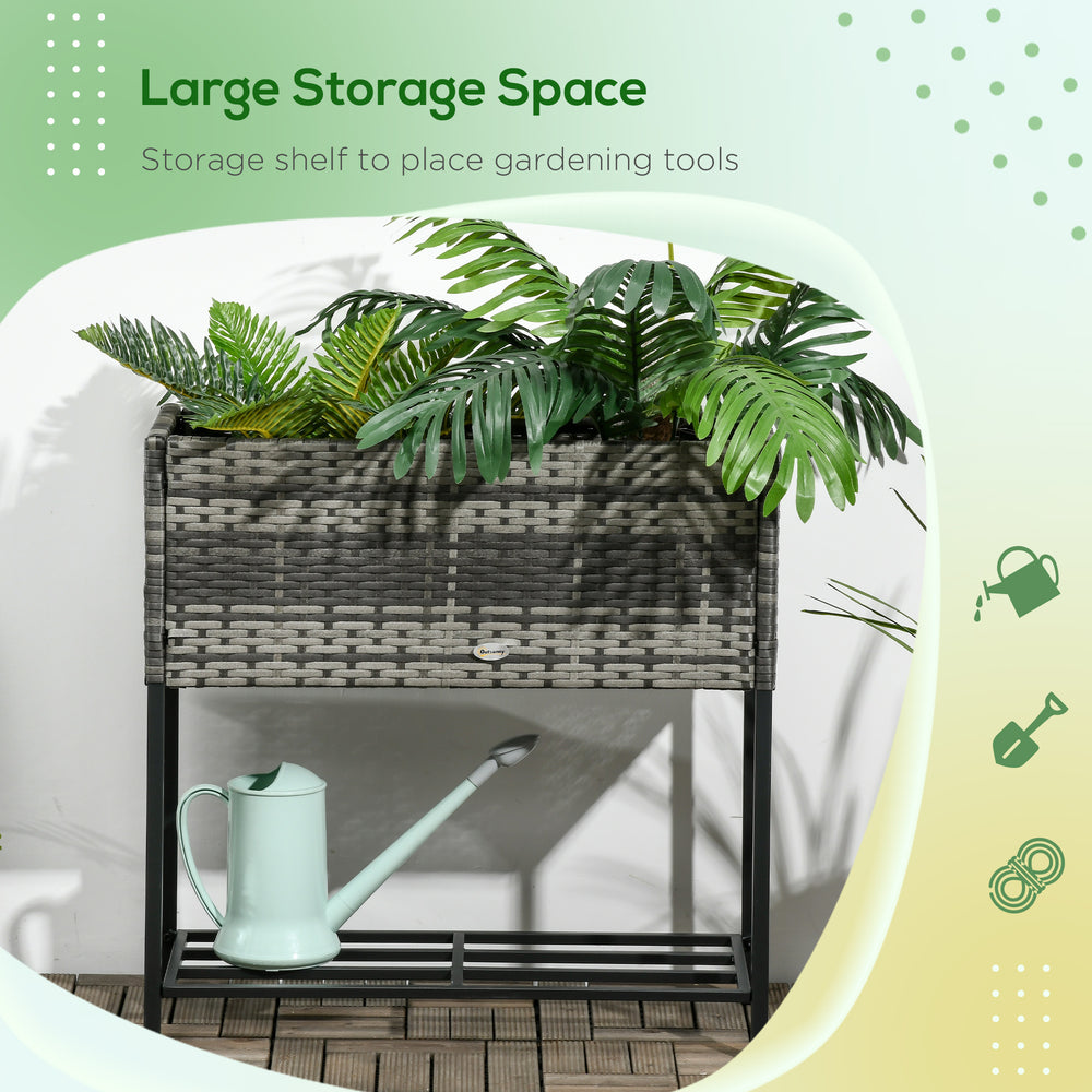 Outsunny Raised Garden Bed, Elevated Planter Box with Rattan Wicker Look, Tool Storage Shelf, Portable Design for Herbs, Vegetables, Flowers, Gray Media 2