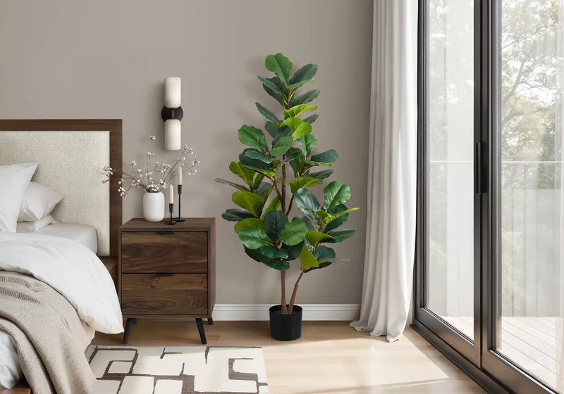 Artificial Plant, 49' Tall, Fiddle Tree, Indoor, Faux, Fake, Floor, Greenery, Potted, Real Touch, Decorative, Green Leaves, Black Pot