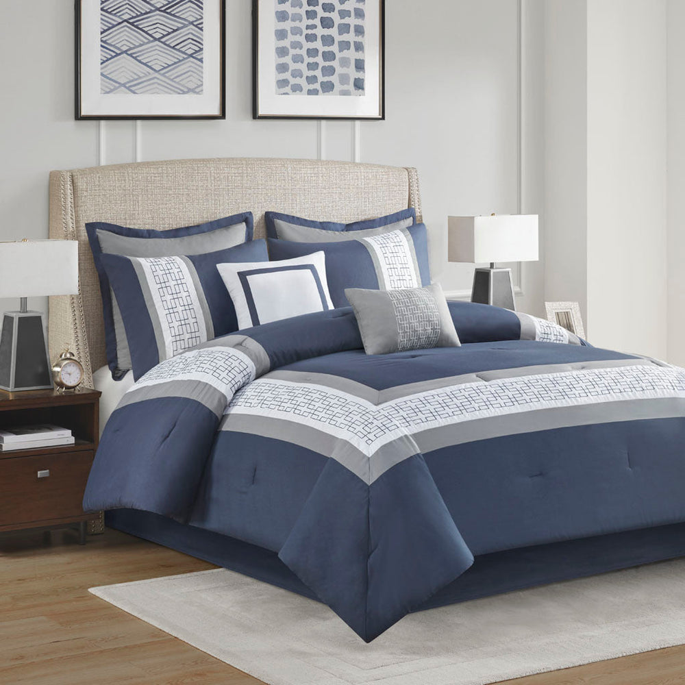 8 Piece Embroidered Comforter Set Navy Cal King Media 1