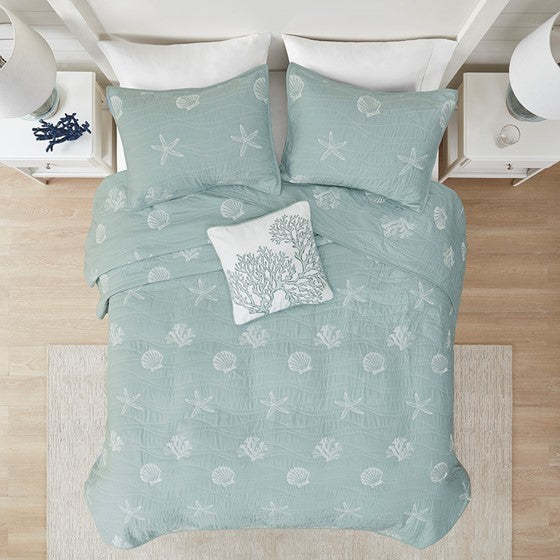 4 Piece Cotton Reversible Embroidered Quilt Set with Throw Pillow Aqua Full/Queen Media 4