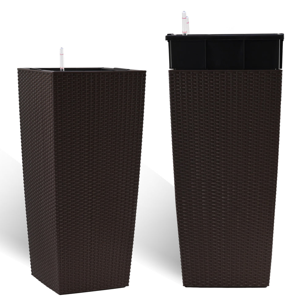 Brown Faux Rattan Large Self-Watering Flower Pot with Drainage Holes & Inner Tray, 30 in Tall Indoor Outdoor Planter for Garden Patio Porch Backyard Media 9