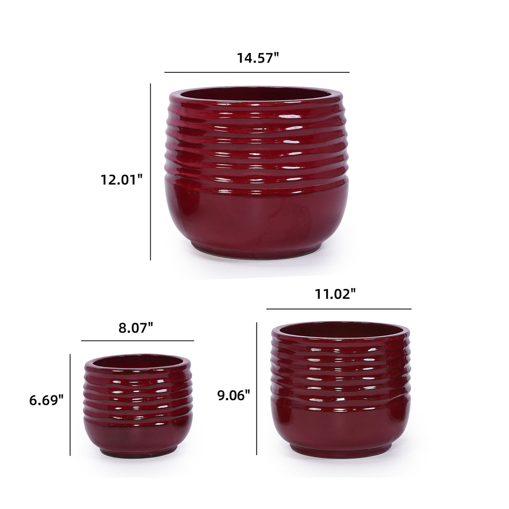 Handmade Glazed Ceramic Planter Set of 3, 15/11/8 Inch Diameter, Horizontal Groove Pattern, for Succulents & Flowering Plants Outdoor Garden & Indoor Staircase Bookshelf Use, Breathable Clay, Deep Red Media 7