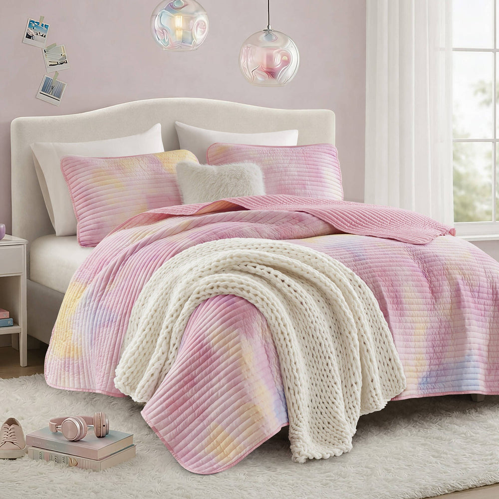4 Pieces Full/Queen Watercolor Tie Dye Printed Quilt Set with Throw Pillow,Pink Media 6