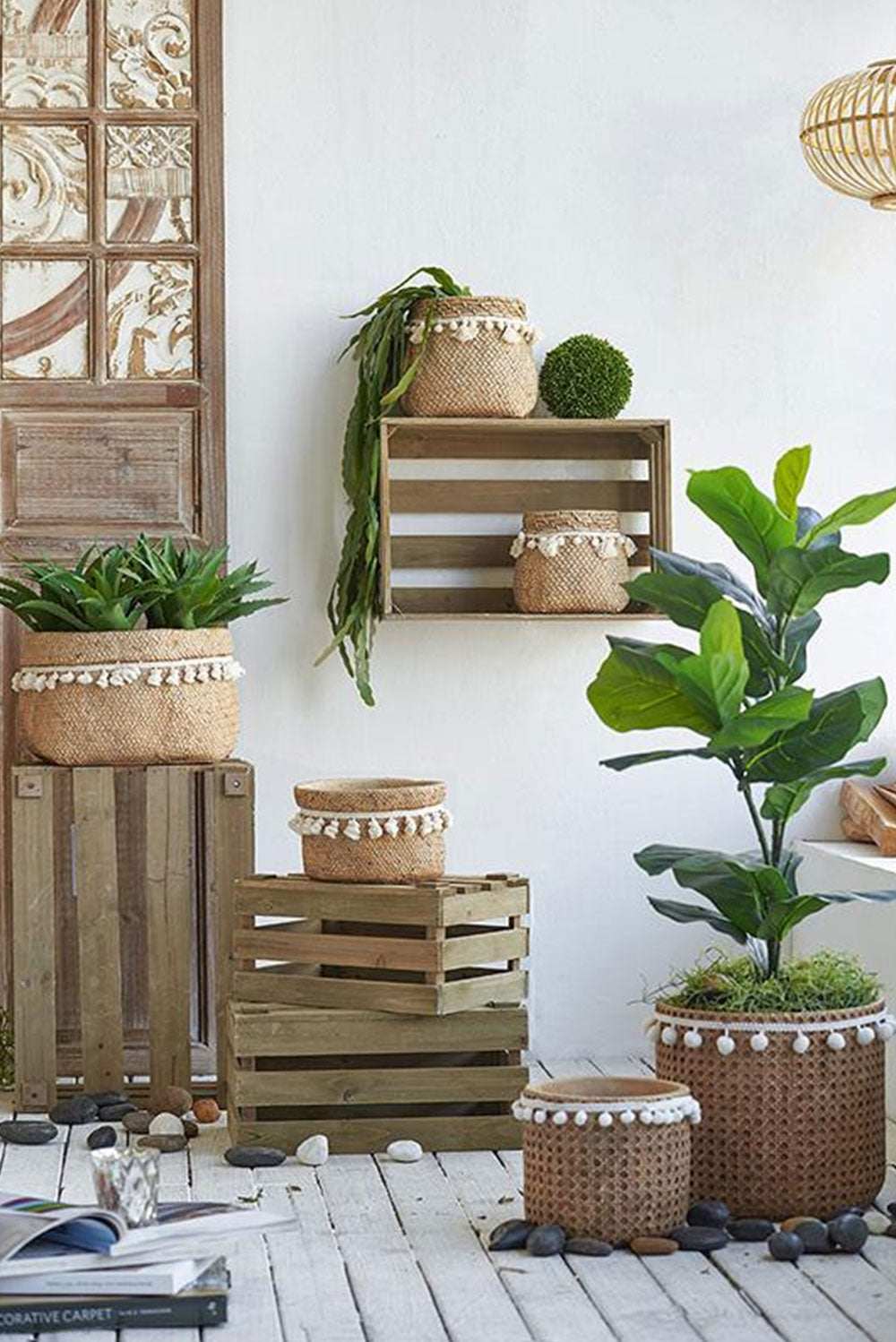 Set of 2 6.5x6.5x6' Brown Cement Planter with Woven Tassel Accent Media 6