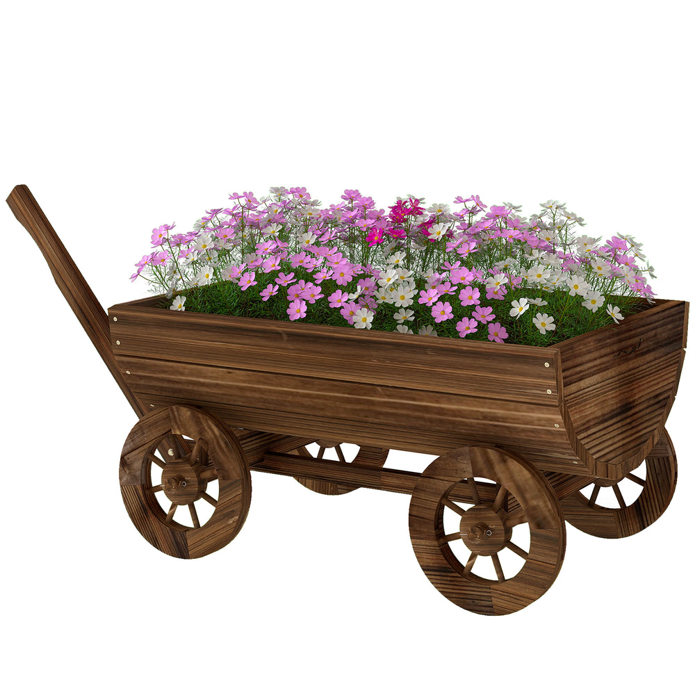 Outsunny Wooden Wagon Planter Box, Mobile Garden Planter with 4 Wheels, Small Wheelbarrow Wagon Flower Cart with Drainage Hole Media 11