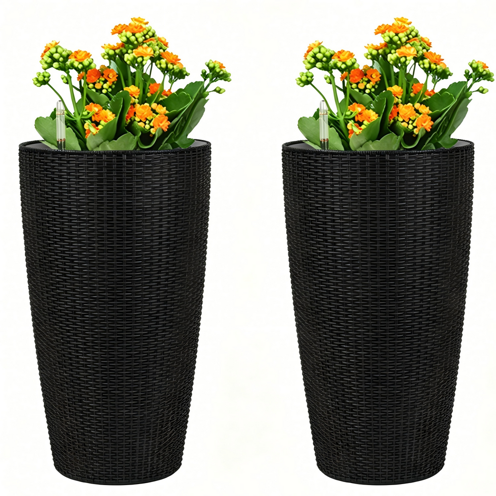 Faux Rattan Tall Planters Set with Water Level Monitor and Auto Watering, Black, Polypropylene, 22 Inch Media 13