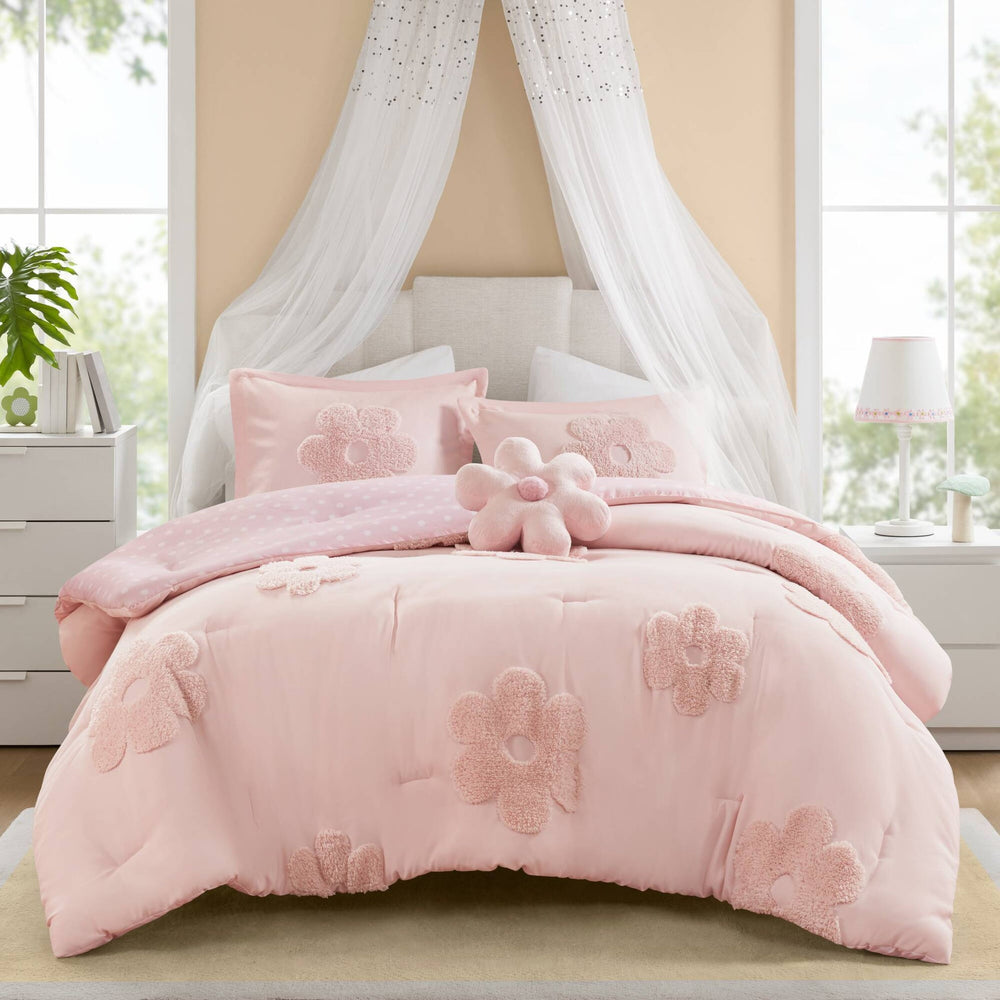 4-Piece Full/Queen Floral Reversible Tufted Chenille Comforter Set with Flower Throw Pillow,Pink Media 17