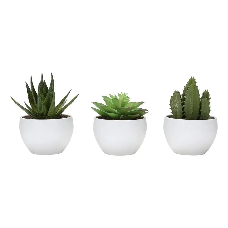 Artificial Succulent Plants Set of 3, 6' Tall, Green Faux Indoor Decor in White Pots, Plastic, Tabletop Greenery