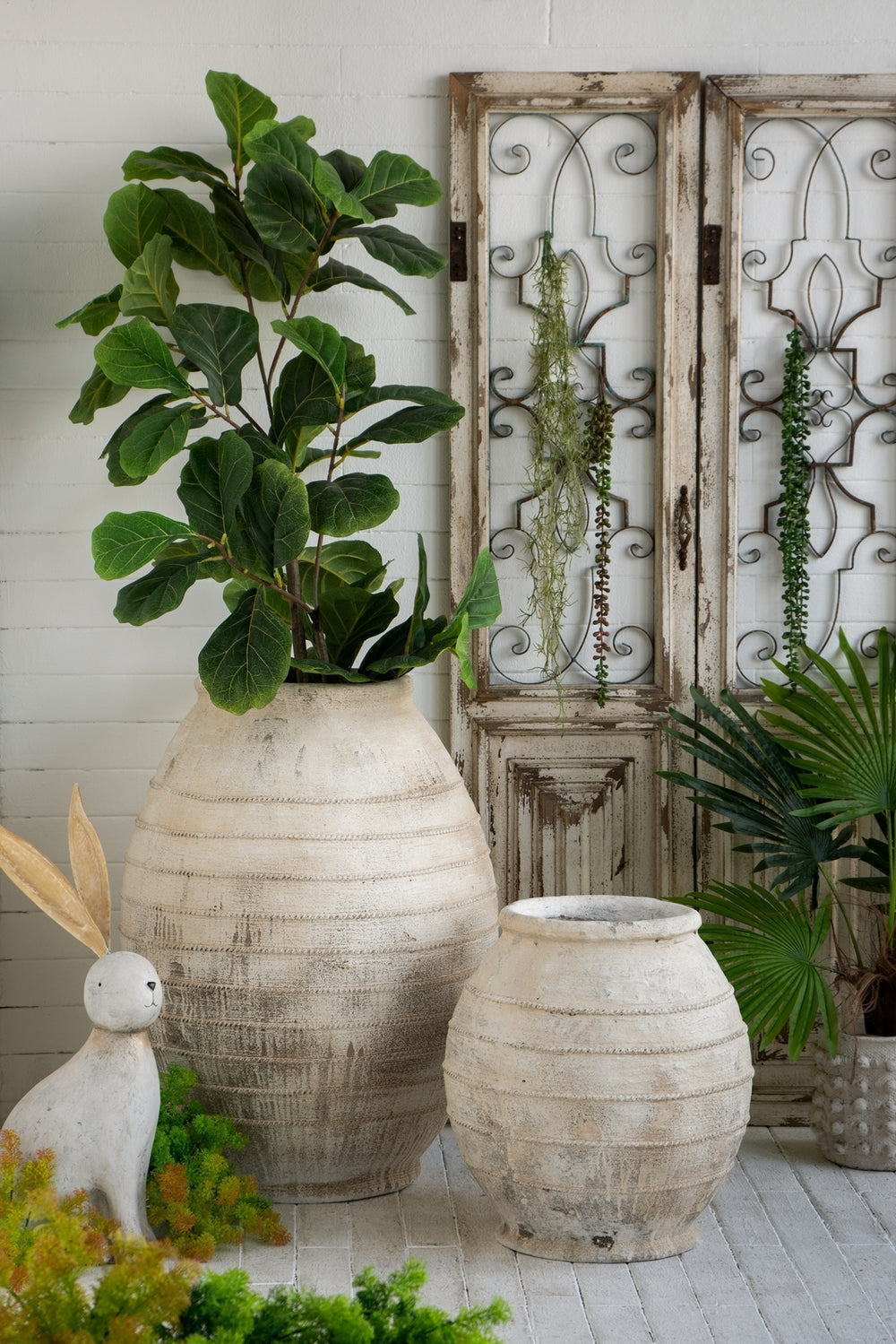 22.4x22.4x30.5' Large Magnesium Flower Pot with Weathered White Finish and Ridged Texture Media 8