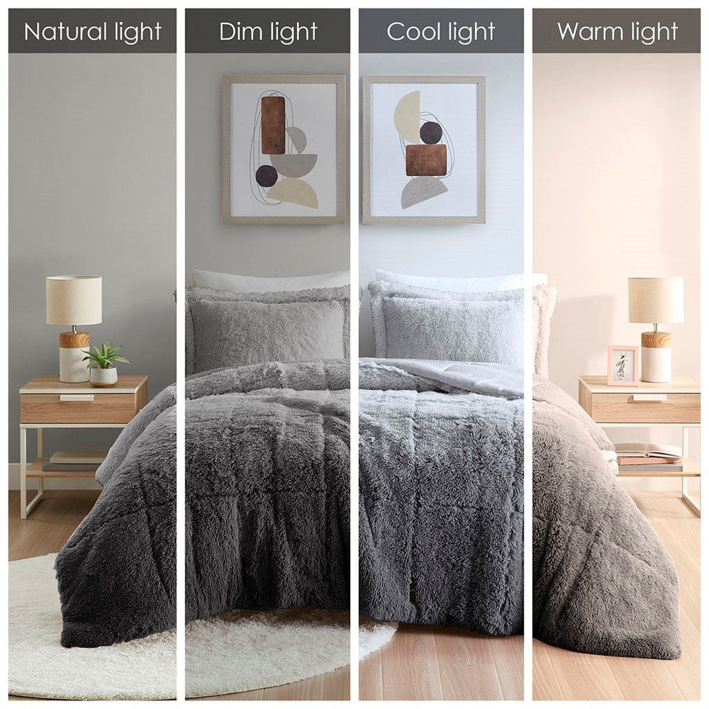 King/Cal King Ombre Shaggy Long Fur Comforter Mini Set Media 7