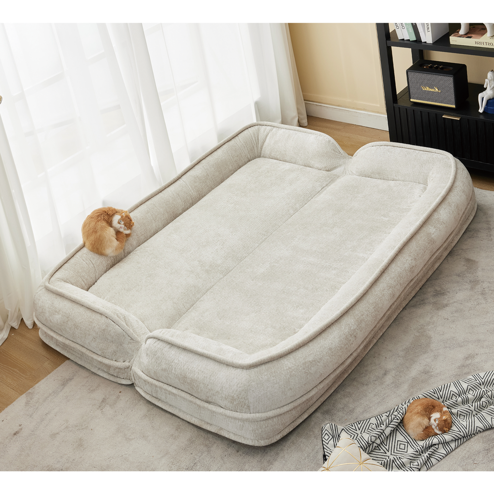 Pet Sofa Bed Chenille 2-In-1 Lounge Couch With 5 Adjustable Positions For People & Pets Beige Media 12