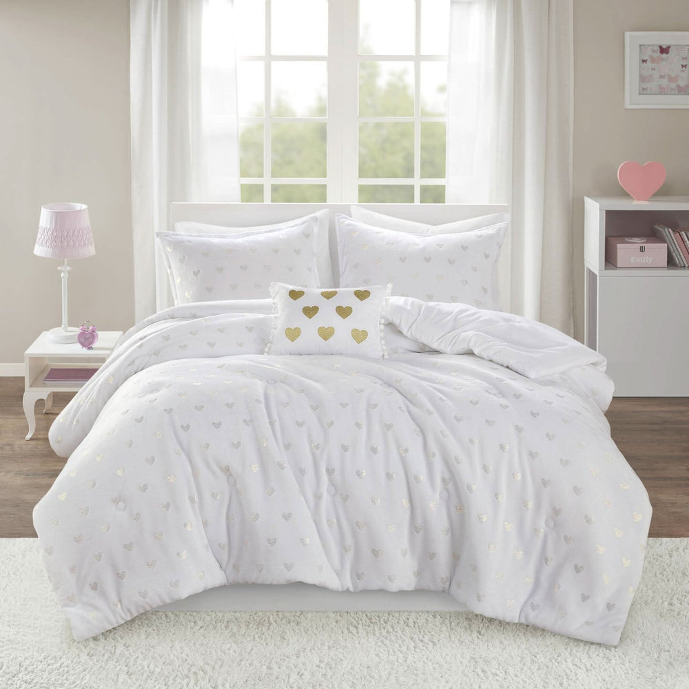 Plush Comforter Set White & Gold Heart Print 4 Piece Full Queen Bedding Includes Shams & Throw Pillow Media 1