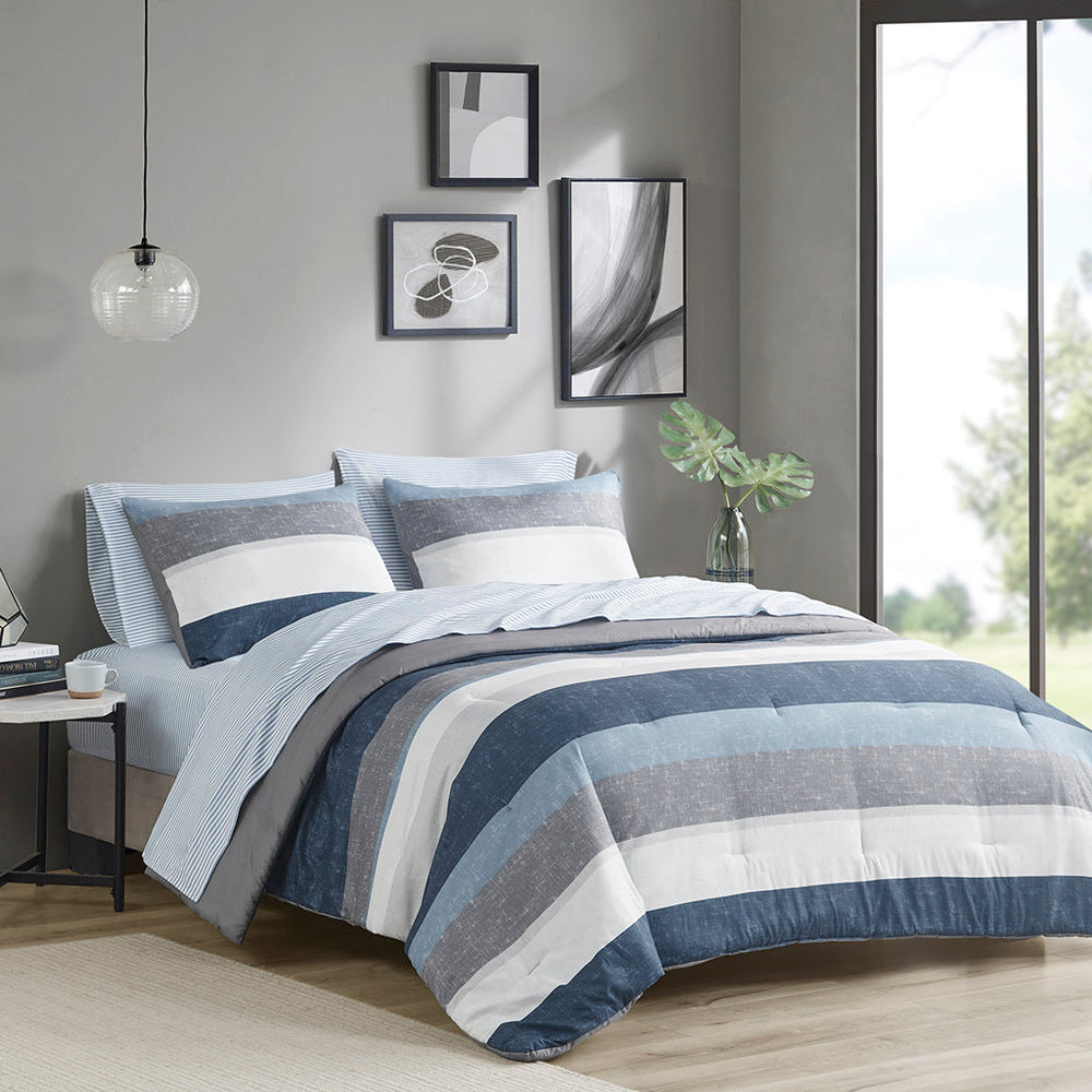 Stripe Comforter Set with Bed Sheets Blue/Grey Cal King Media 1