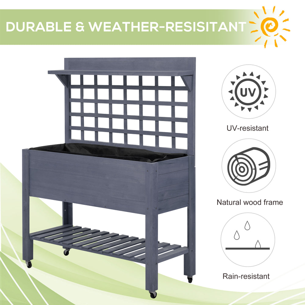 Outsunny 41' Raised Garden Bed with Trellis on Wheels, Wooden Elevated Planter Box with Legs and Bed Liner, for Flowers, Herbs & Vegetables, Gray Media 3