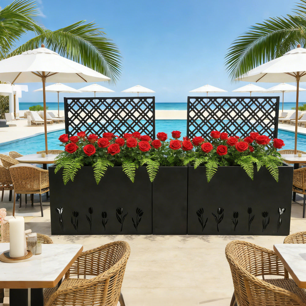 Metal Planter-Trellis Combo (Set of 3) - Raised Garden Bed, Flower Trellis & Privacy Screen for Patio, Balcony, Garden, Rust-Resistant Planter Box with Drainage Holes, 23.6in Depth Planting Bed, Tulip Media 4