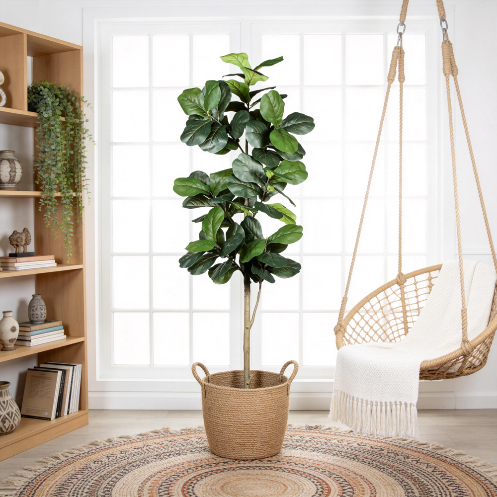 7' Artificial Fiddle Leaf Fig Tree in Black Plastic Pot Media 1