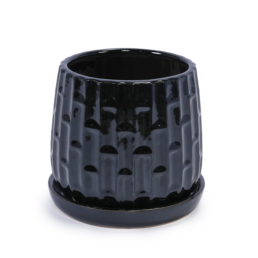 Handmade Ceramic Flower Pot with Groove Pattern, 6 & 8 Inch Diameter, Black Color for Orchids, Indoor/Outdoor Use on Windowsill & Bookshelf, Breathable Clay with Saucer Media 13