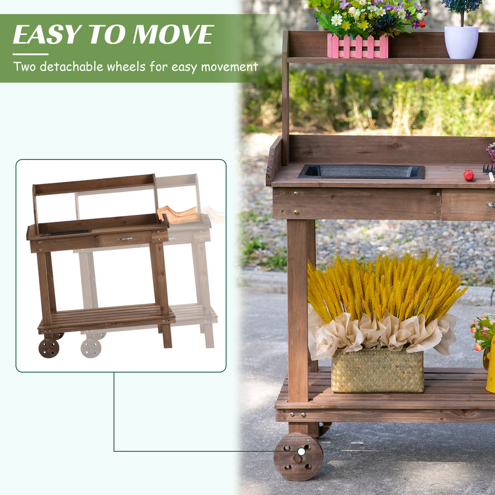 Outsunny 36'' Wooden Potting Bench Work Table with 2 Removable Wheels, Sink, Drawer & Large Storage Spaces, Brown Media 6