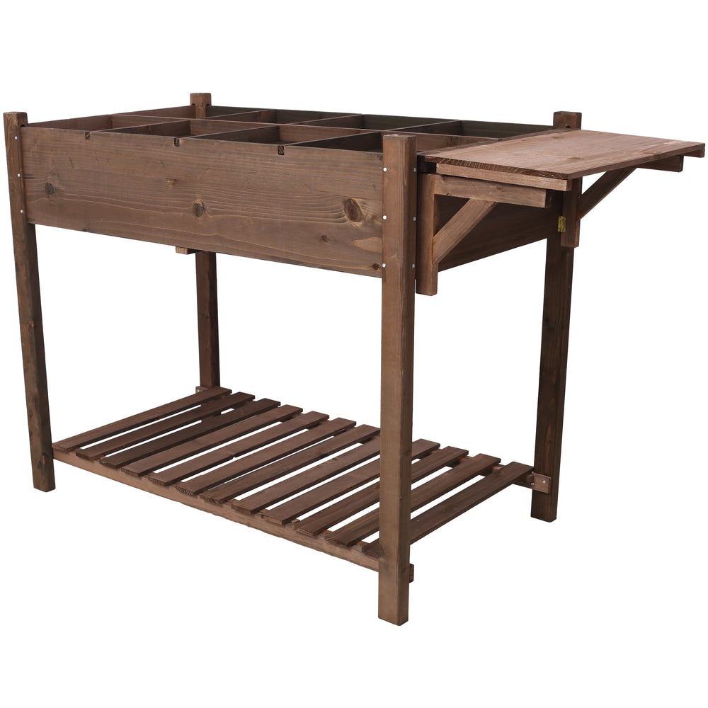 8 Pockets Horticulture Raised Garden Bed Elevated Wood Planter Box Stand with Foldable Side Table and Storage Shelf for Herb/Vegetables/Flowers, dark brown color Media 7